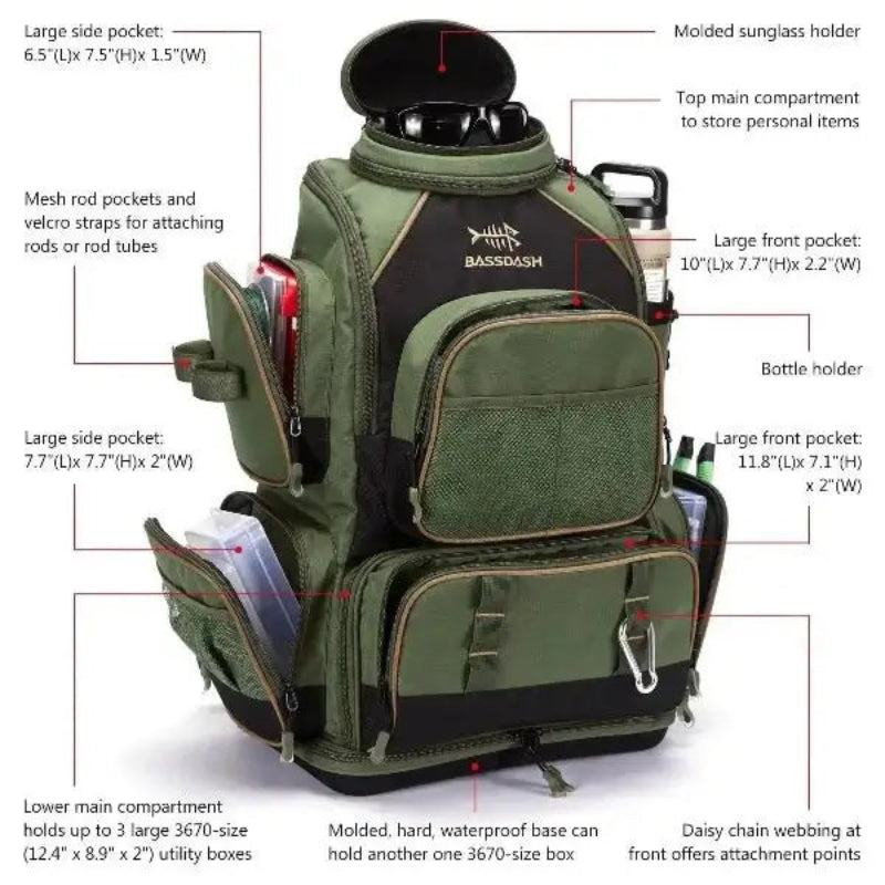 Fishing tackle backpack with protective rain cover, adjustable compartments, waterproof base, and multiple pockets for fishing gear and accessories.