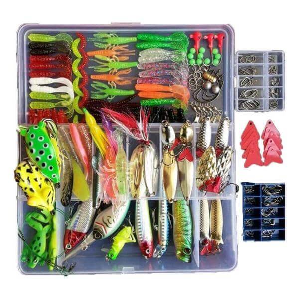 All-Inclusive Fishing Lure Kit with assorted lures in a double-layered fishing tackle box for fly and sea fishing