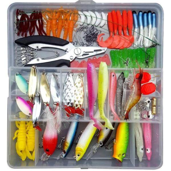 All-inclusive fishing tackle kit with assorted lures and gear in a double-layered tackle box, perfect for sea and fly fishing enthusiasts.
