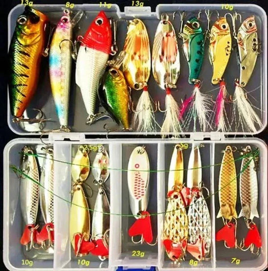 All-Inclusive Fishing Tackle Kit with hard baits, crankbaits, spoons, and more in a double-layered fishing tackle box for sea and fly fishing gear
