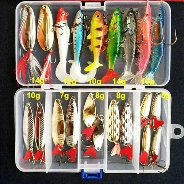 All-inclusive fishing tackle kit with hard baits, crankbaits, minnows, poppers, vibes, spoons, soft lures, frogs, and shrimps in tackle box