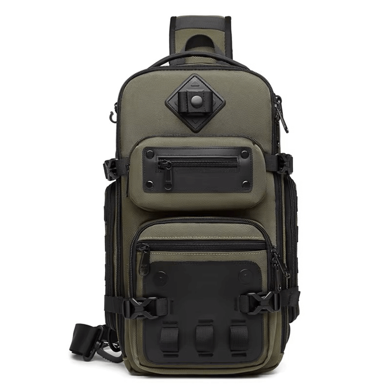 Green tactical crossbody sling backpack with multiple zipper pockets, designed for men. Waterproof and perfect for travel and storage. Model