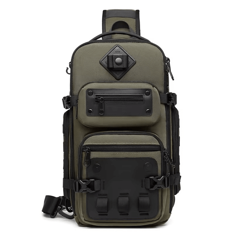 Green tactical crossbody sling backpack with multiple zipper pockets, designed for men. Waterproof and perfect for travel and storage. Model