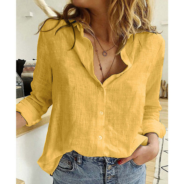 Yellow linen shirt tops for women, featuring a casual button-down design, perfect for summer outfits and stylish comfort.