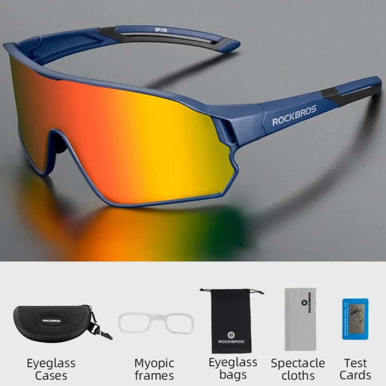 polarized sunglasses for cycling and hiking, featuring a dark blue frame, orange-to-yellow gradient mirrored polarized lenses,