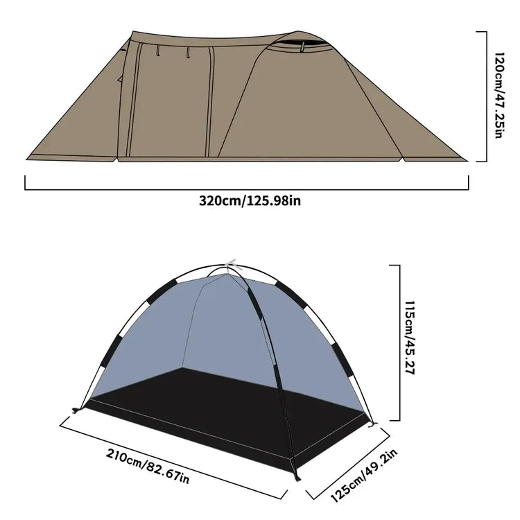 A diagram illustrating the dimensions of a tent, including the width, length, and height of both the outer layer and the inner tent.