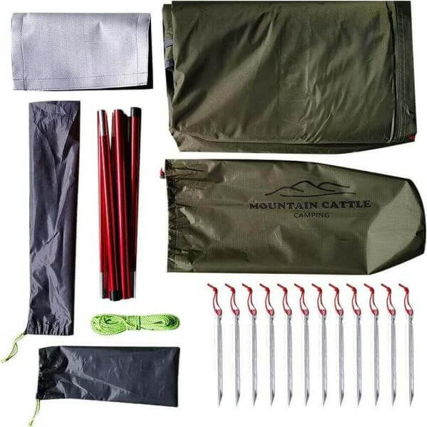 Complete ultralight hot tent setup including tent fabric, poles, stakes, and guy lines ideal for winter camping and bushcraft.