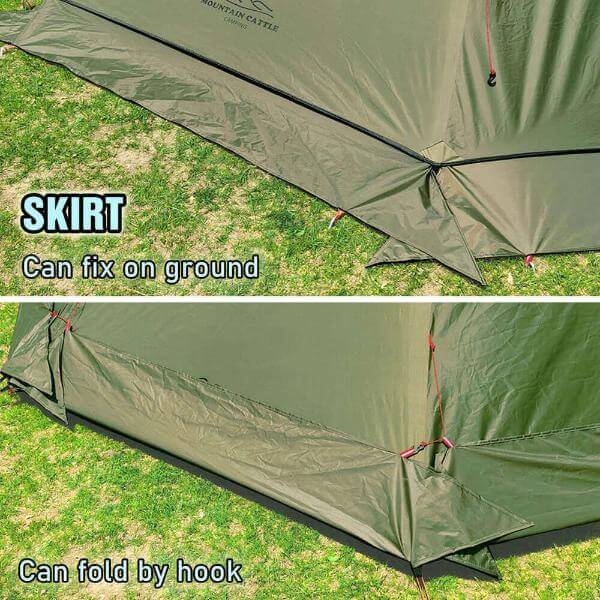 Durable skirt design of the Tingxue 320 Pro hot tent for enhanced stability and versatility, ideal for winter camping and bushcraft.