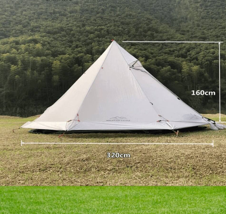 Tingxue 320 Pro ultralight pyramid-shaped 2 person hot tent in green field, ideal for winter camping and bushcraft, showcasing dimensions