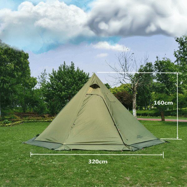 ultralight Tingxue 320 Pro hot tent with floor in green, ideal for winter camping, bushcraft, 2 person, tipi style, 320cm by 160cm