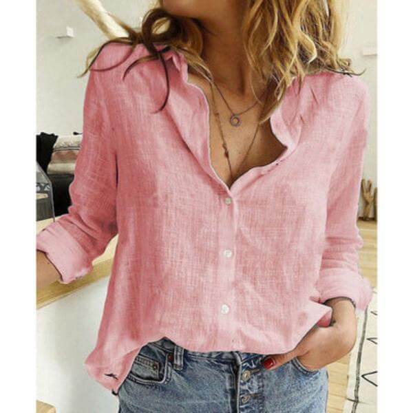 Women’s pink linen top featuring a relaxed fit and button-down design, perfect for summer casual wear.