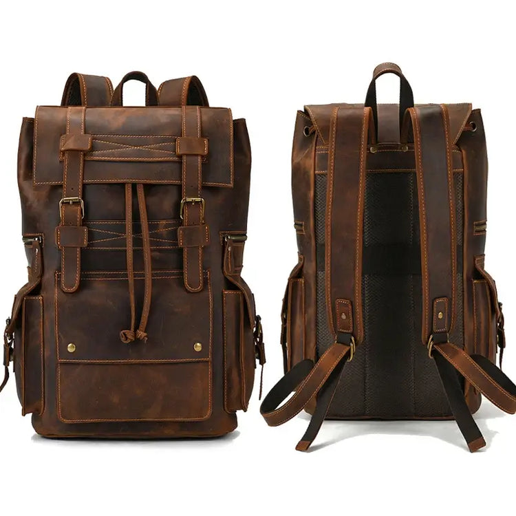 Dual image showing a vintage-style leather backpack with multiple pockets, adjustable shoulder straps, and detailed stitching.