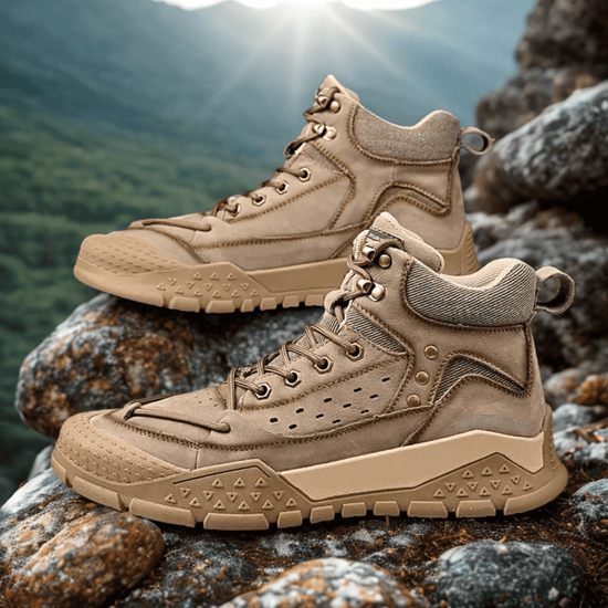 Classic lightweight waterproof hiking shoes on rocky terrain, showcasing tough, slip-resistant design for outdoor adventures.