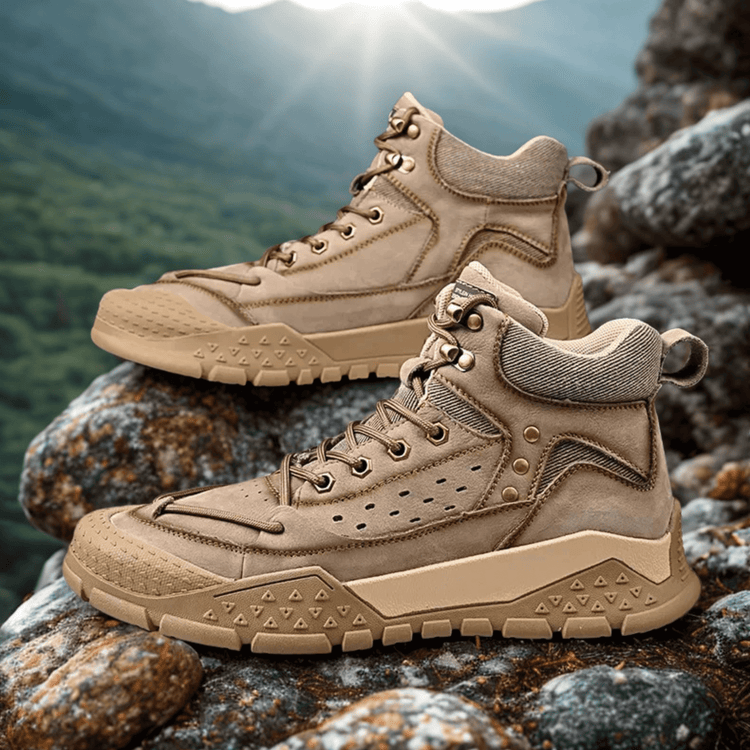 Classic lightweight waterproof hiking shoes on rocky terrain, showcasing tough, slip-resistant design for outdoor adventures.