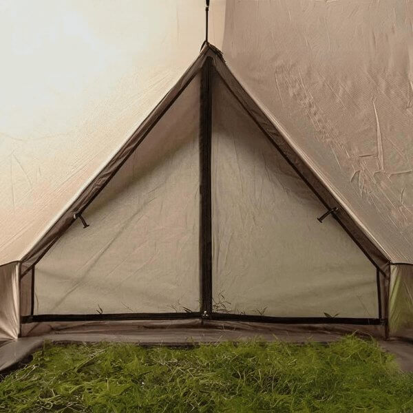 Interior view of lightweight hot tent for camping with polyester fiber fabric and iron poles, designed for two-person backpacking and ultralight adventures