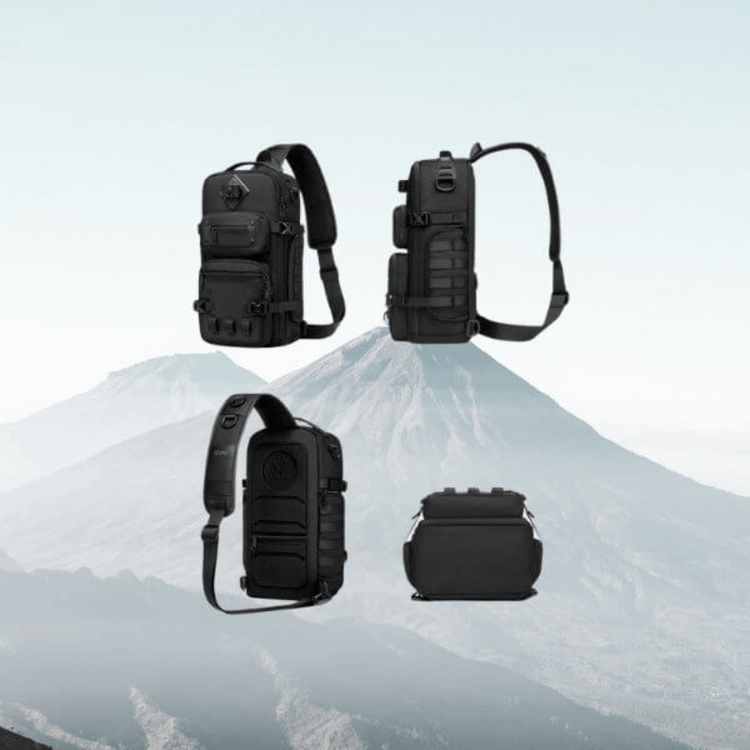 Black tactical crossbody sling backpack for men with multiple zipper pockets, designed for travel and security, shown from different angles.