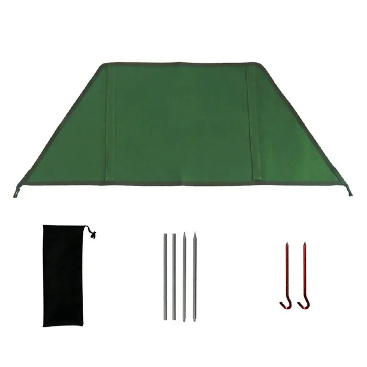 folding windscreen for hiking stoves in army green with stakes and storage bag for outdoor cooking protection.