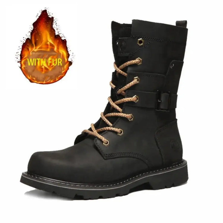 Black full-grain leather hiking boot with light brown laces, buckle strap, rugged outsole, and matte finish against a white background.