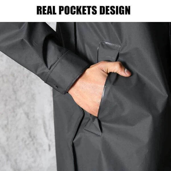 Close-up of a black waterproof jacket with real pocket design, showing hand in pocket for men&