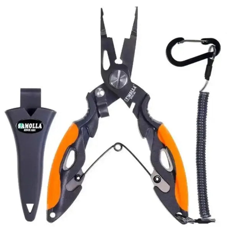 Black and orange fishing pliers with a sheath and lanyard.