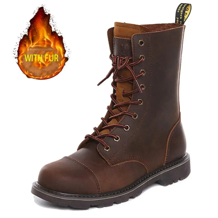Side view of a brown leather lace-up combat boot with dark brown toe cap, red laces, metal eyelets, fur lining, and yellow pull tab with &