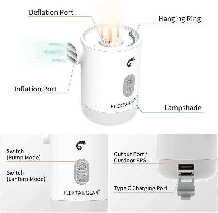 Compact FlexTailGear electric air pump with deflation and inflation ports, hanging ring, lampshade, various switches, and Type C charging port.