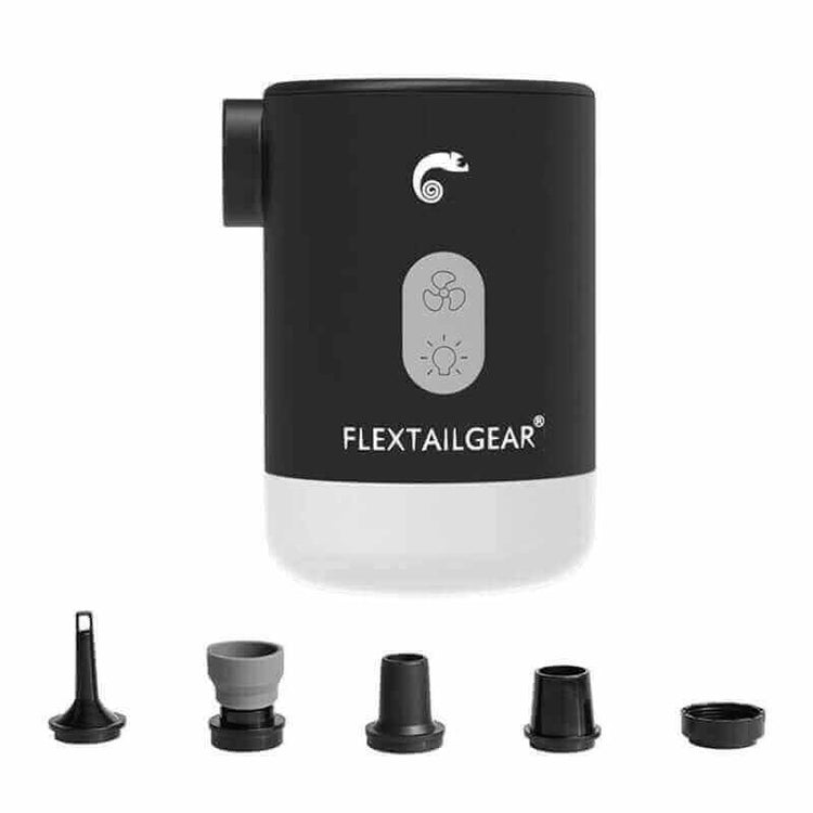 Mini air pump with attachments for camping and outdoor activities. Portable, ultra-mini size inflator ideal for hiking and beach trips.