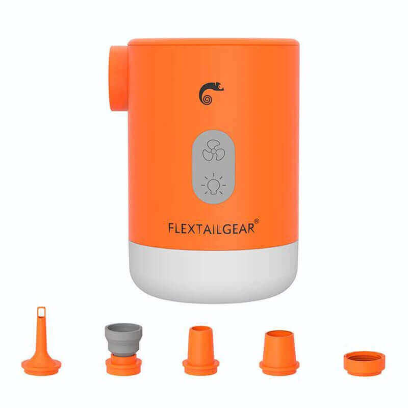 Mini electric air pump with accessories for camping, hiking, beach. Portable and easy-to-use inflator with multiple nozzle attachments.