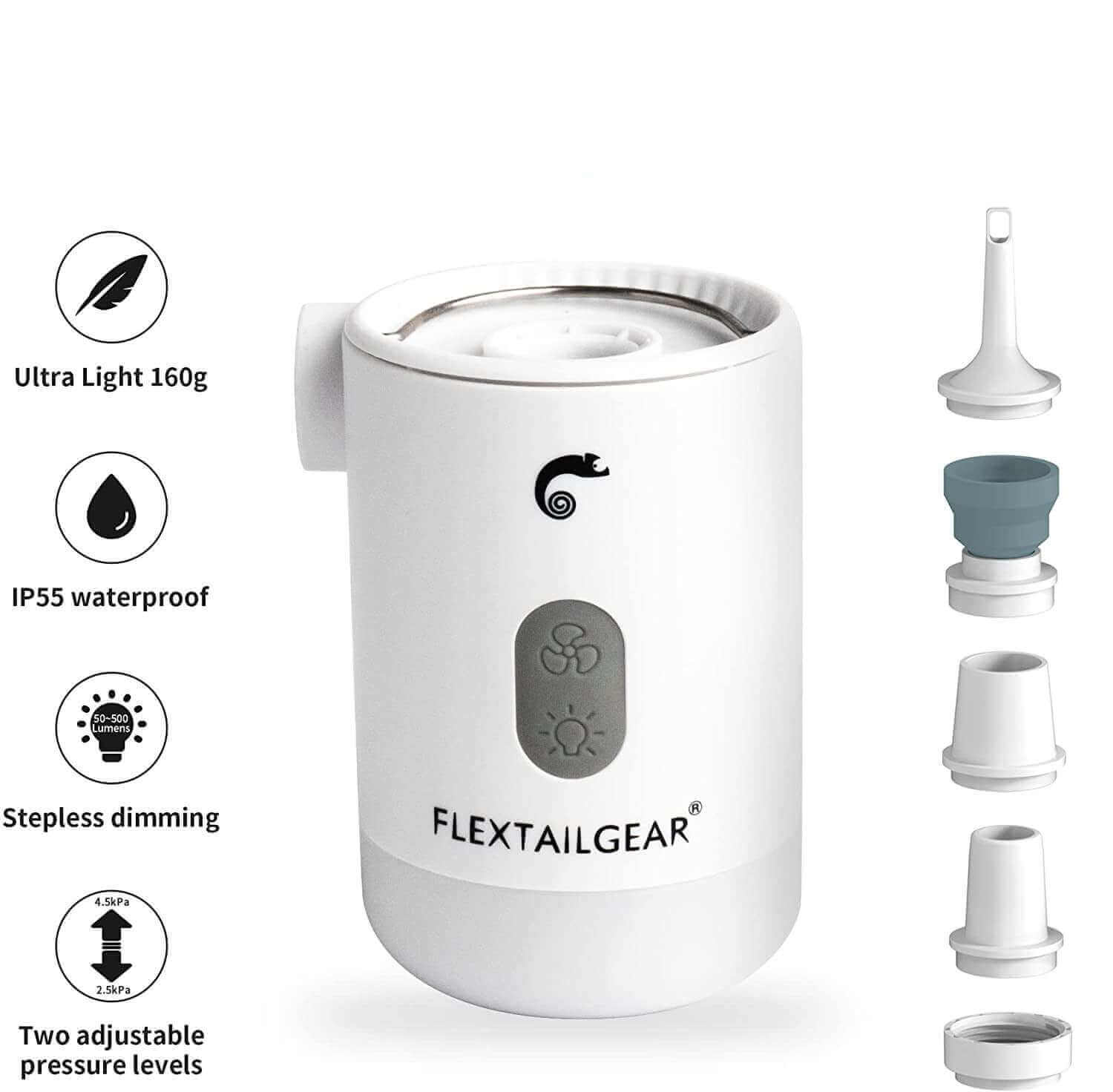Ultra-light Flextailgear mini air pump with IP55 waterproof rating, stepless dimming, and two adjustable pressure levels including accessories.