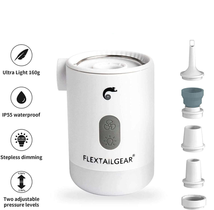 Ultra-light Flextailgear mini air pump with IP55 waterproof rating, stepless dimming, and two adjustable pressure levels including accessories.