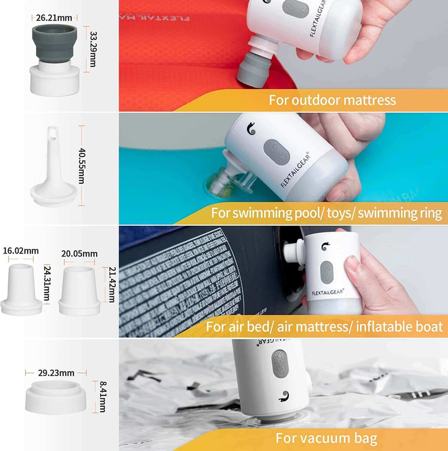 Electric inflator uses and compatible nozzles for outdoor mattress, pool toys, air mattress, inflatable boat, and vacuum bag.