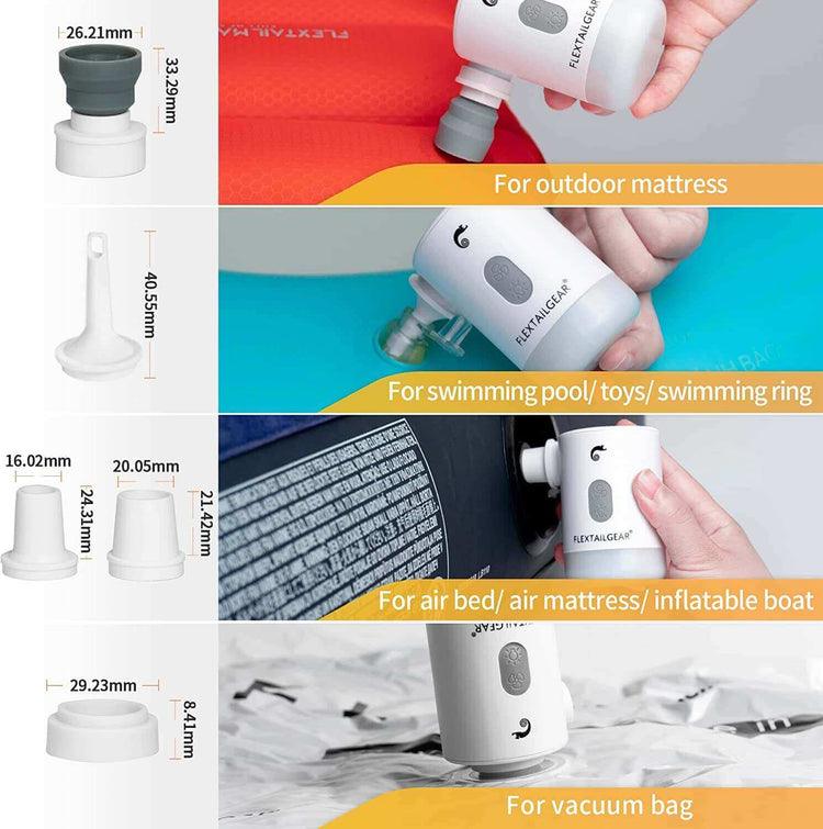 Electric inflator uses and compatible nozzles for outdoor mattress, pool toys, air mattress, inflatable boat, and vacuum bag.