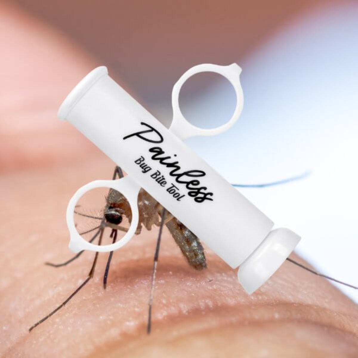 Painless mosquito bite relief tool extracting bite, providing itch and irritation relief.