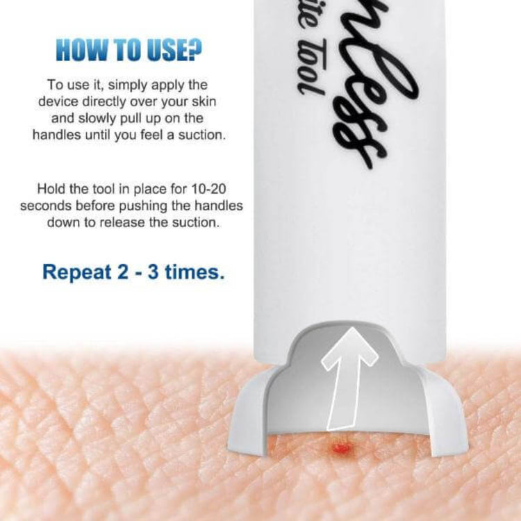 Instructions showing how to use the Painless Bite Relief Extractor on a mosquito bite for instant itch relief.