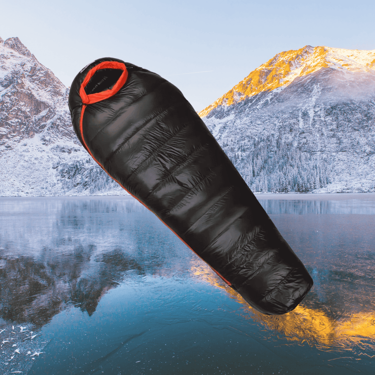 "Black mummy sleeping bag over frozen lake."