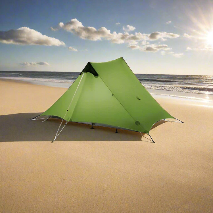 2-person ultralight camping tent for backpacking, featuring easy setup, green color, and included wind ropes and stakes for stabilization