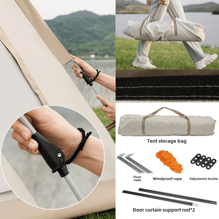Pop-up screen tent for camping setup details, including storage bag, support rods, and assembly components.