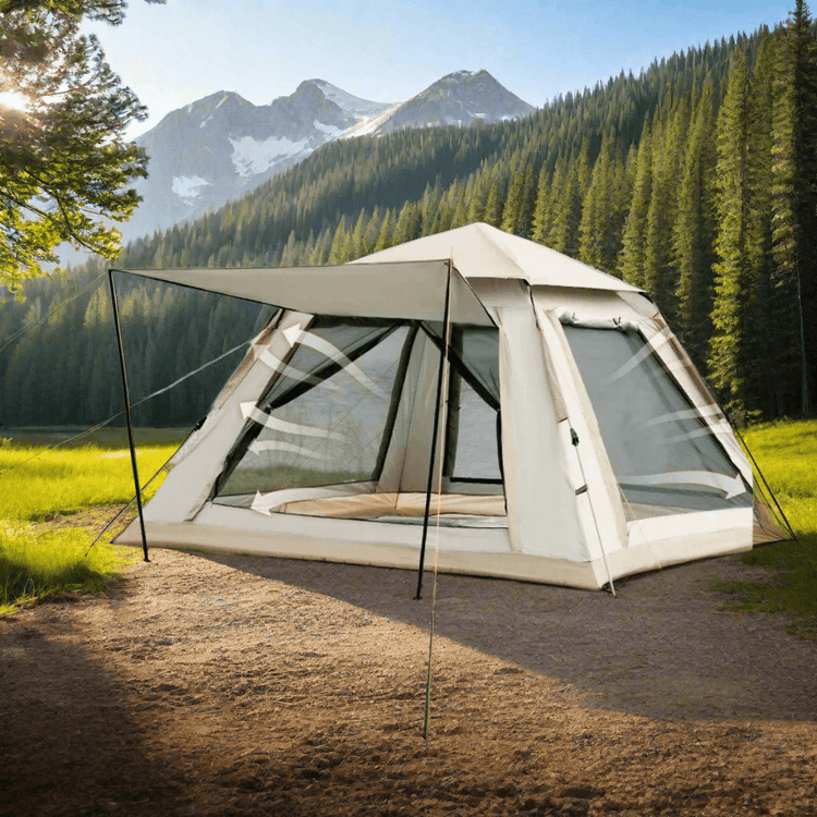 easy pop-up screen tent, 4-person waterproof shelter set up by a lake, showcasing easy setup and spacious design.