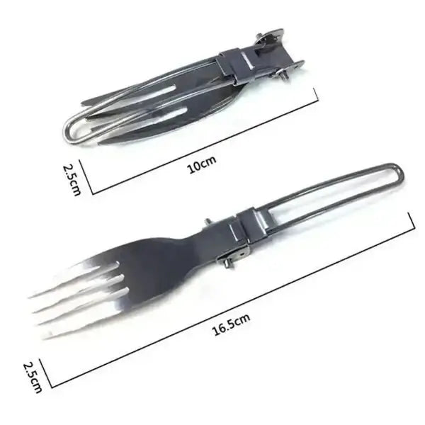 Foldable stainless steel fork from the camping cutlery set showing dimensions of 16.5cm in use and 10cm folded.