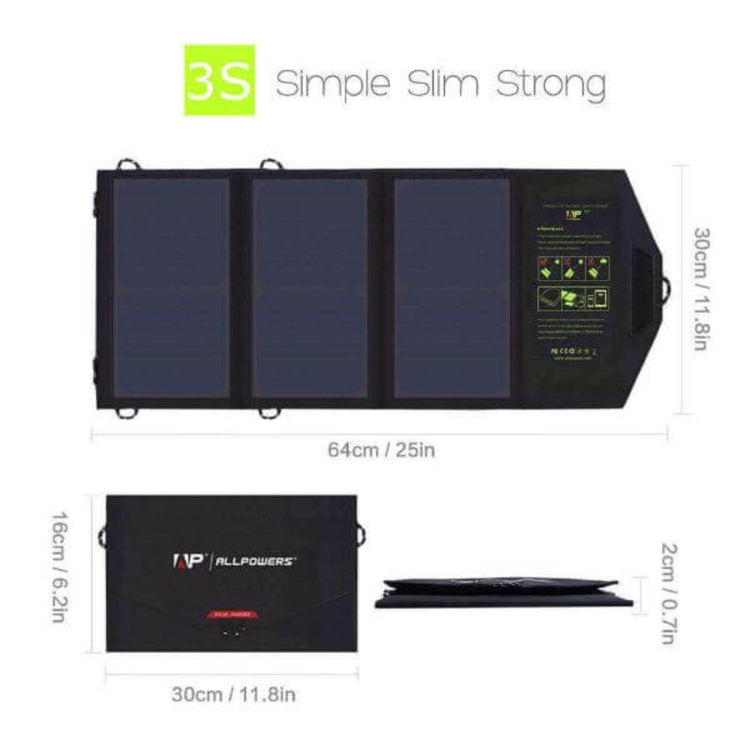 Portable solar power bank charger with high-efficiency Sunpower cells, featuring slim, compact design and dimensions for easy transportability