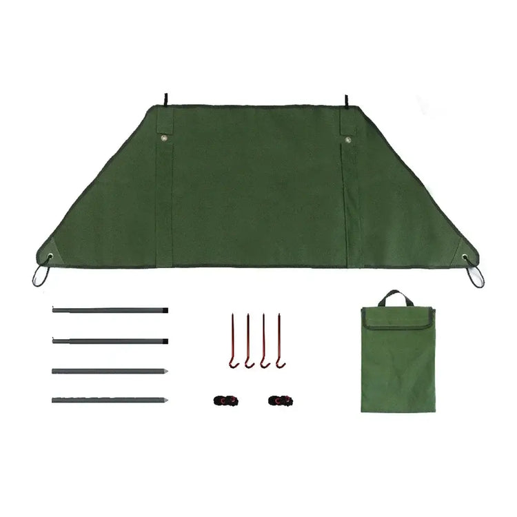windshield for portable camping stove in army green with metal stakes and hooks for wind protection.