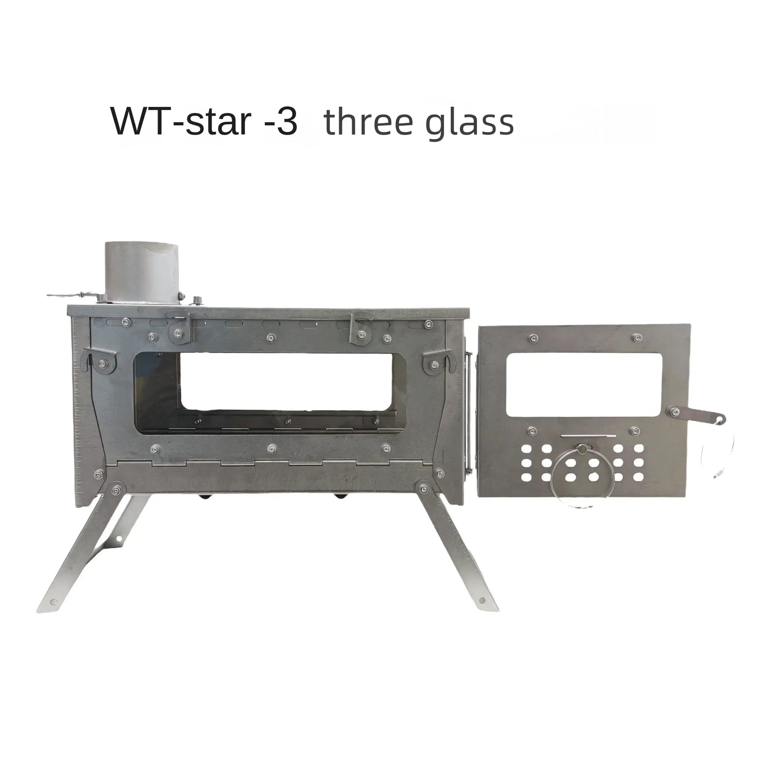 "WT-star-3 titanium wood stove with three glass panels."