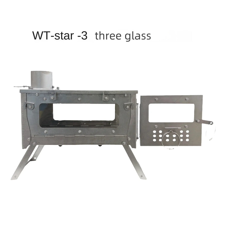 "WT-star-3 titanium wood stove with three glass panels."