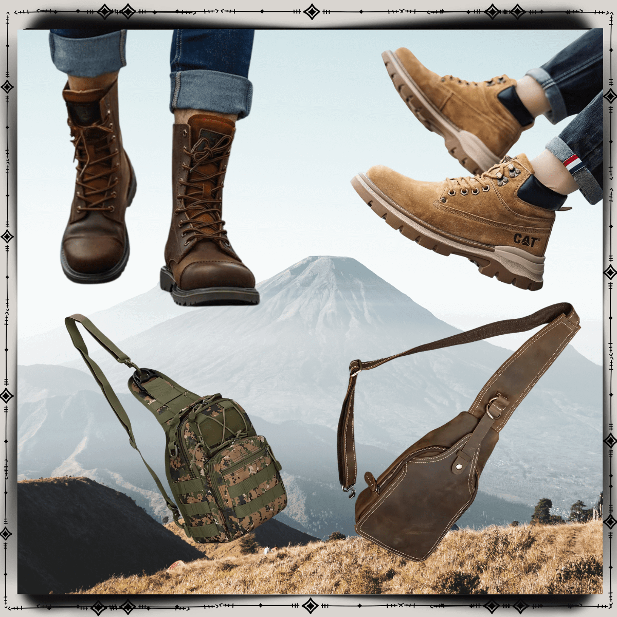 Stylish boots and bags displayed against a scenic mountain backdrop, showcasing rugged outdoor fashion.