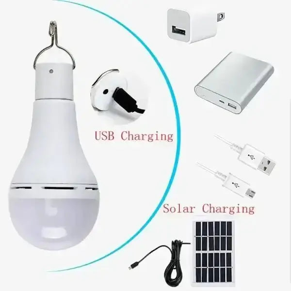 Multi-purpose solar lantern with USB and solar charging options, small solar panel, LED bulb, outdoor and indoor use, and remote control.