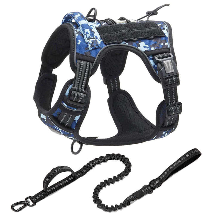 Tactical dog harness with leash, anti-pull, military style, adjustable buckles, comfortable fit for small & large dogs, nylon material.