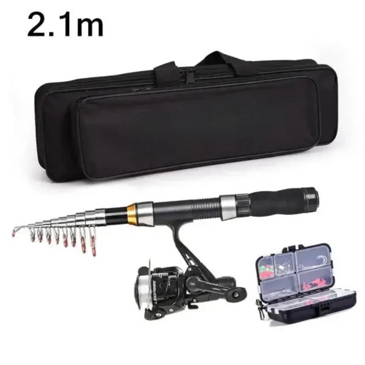 Fishing rod and reel set with accessories on a white background