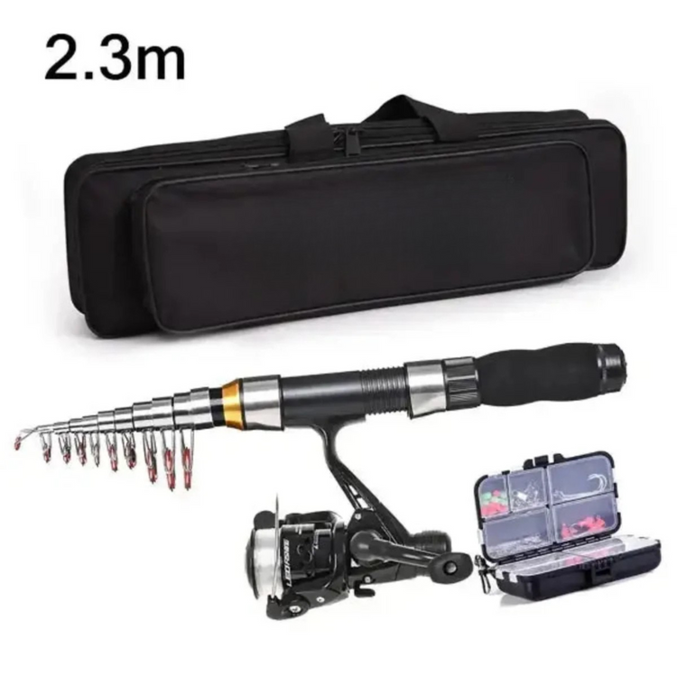 Fishing rod with reel and tackle box on a white background