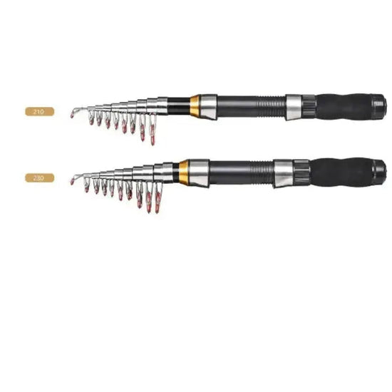 Telescopic Carbon Fiber Rod Pole Spinning Reel Kit in 2.1m and 2.3m sizes with specifications on closed length, weight, and sections displayed