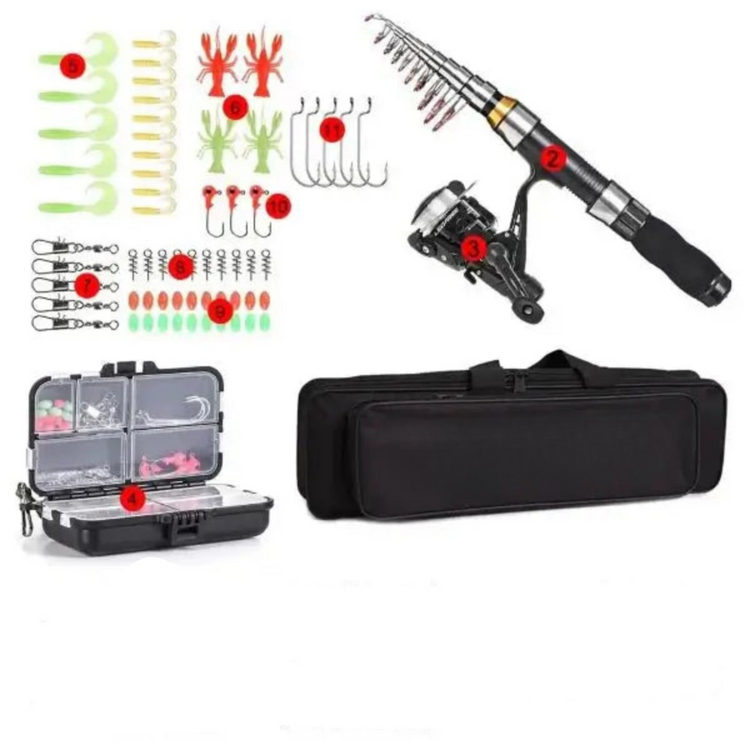 Fishing rod, reel, and accessories including lures and a tackle box on a white background